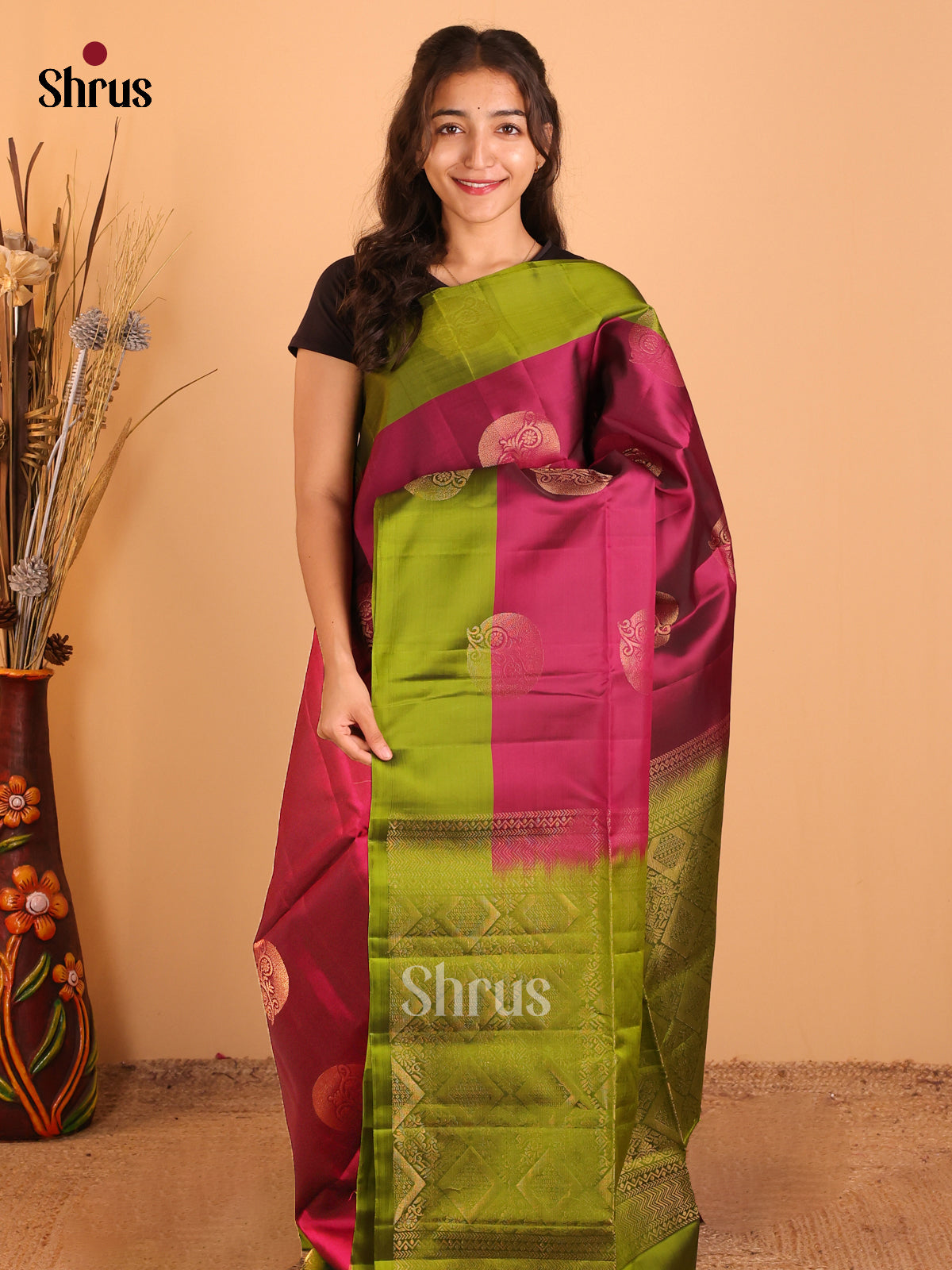 Wine & Green - Softsilk-halfpure Saree - Shop on Shrus.com