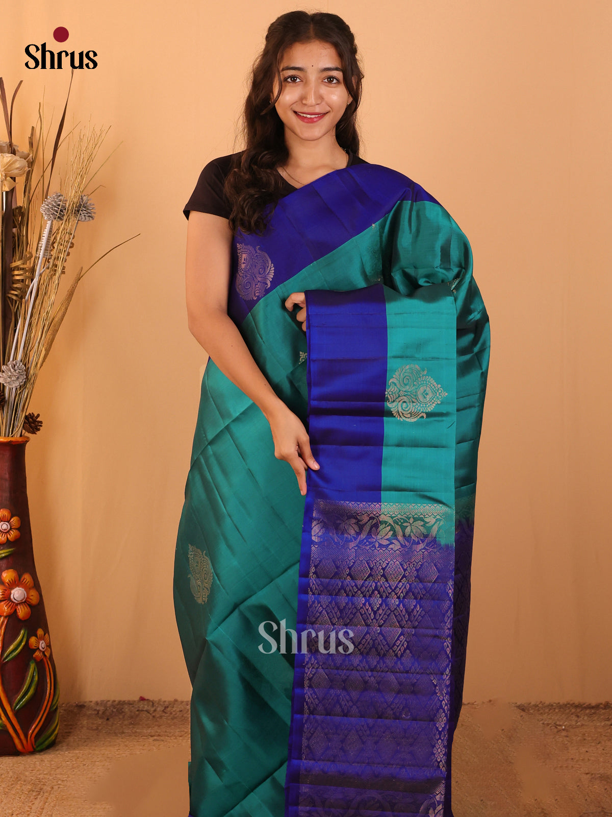 Teal & Blue - Softsilk-halfpure Saree - Shop on Shrus.com