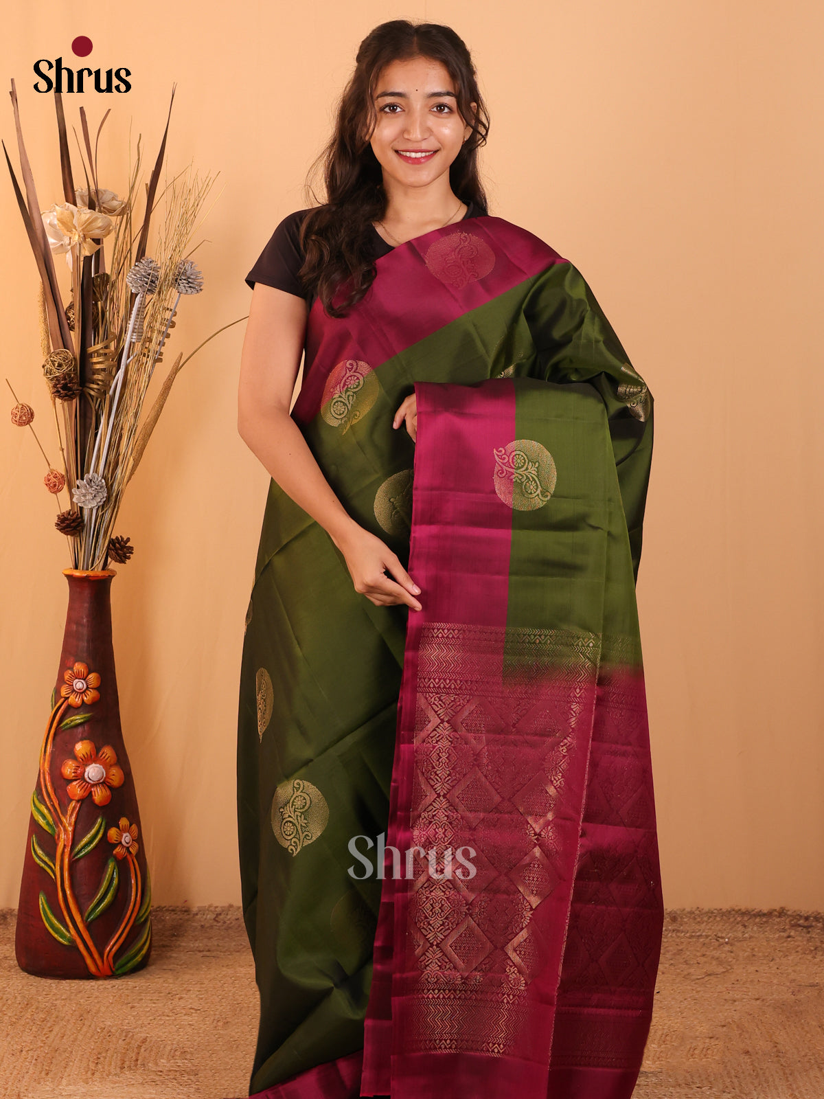 Green & Maroon- Softsilk-halfpure Saree - Shop on Shrus.com