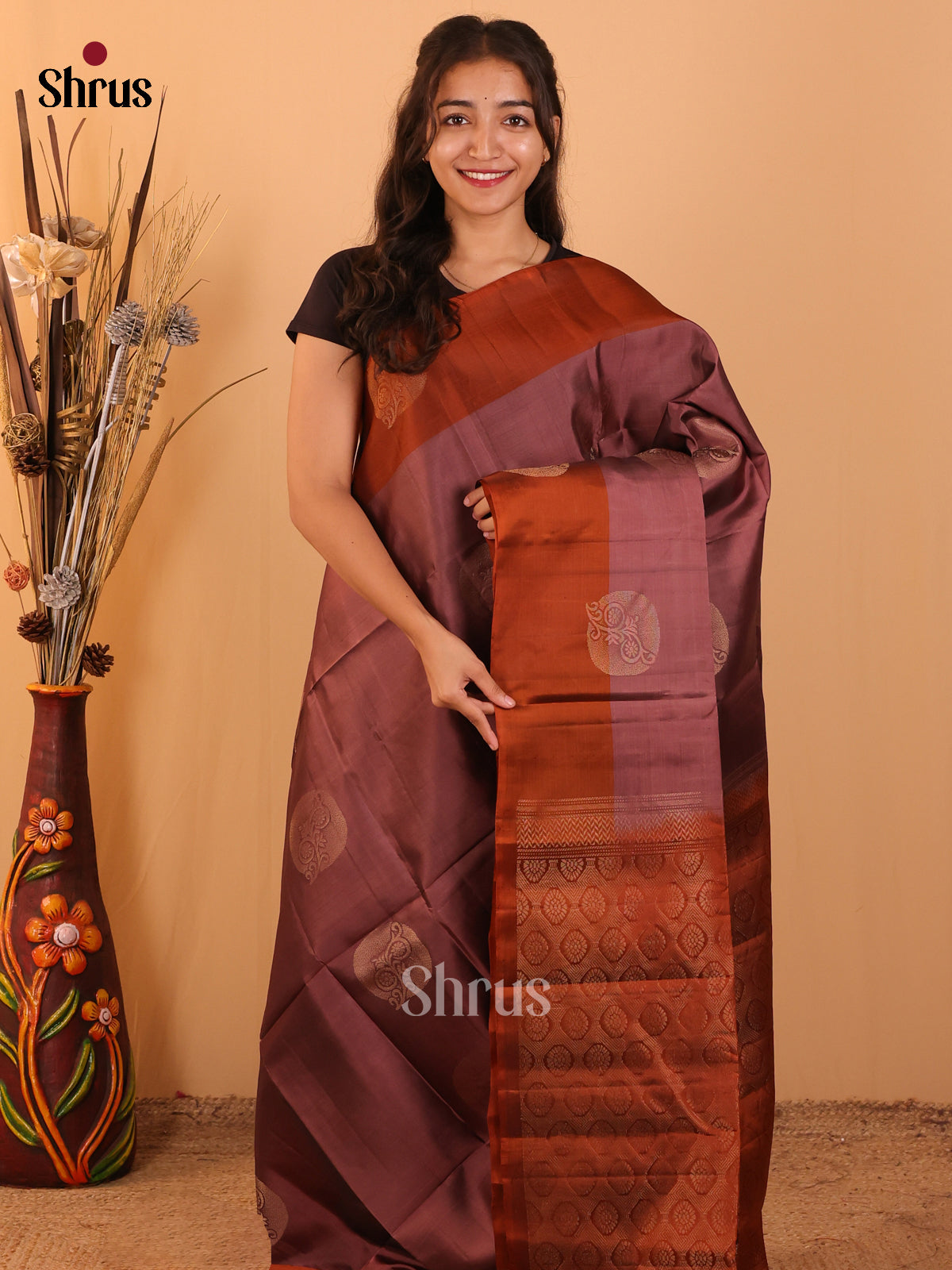 Brown & Rust - Softsilk-halfpure Saree - Shop on Shrus.com