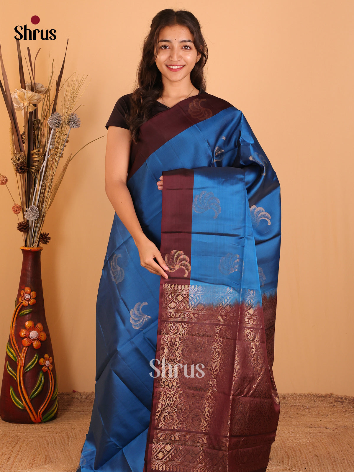 Blue & Brown - Softsilk-halfpure Saree - Shop on Shrus.com