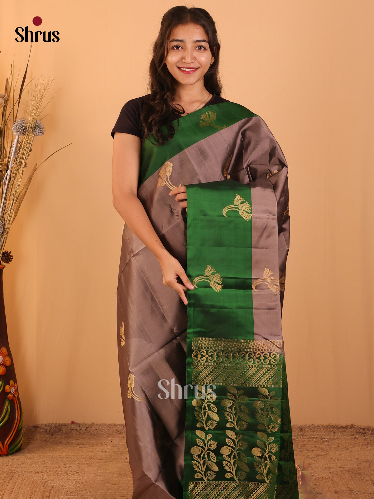 Grey & Green - Softsilk-halfpure Saree - Shop on Shrus.com