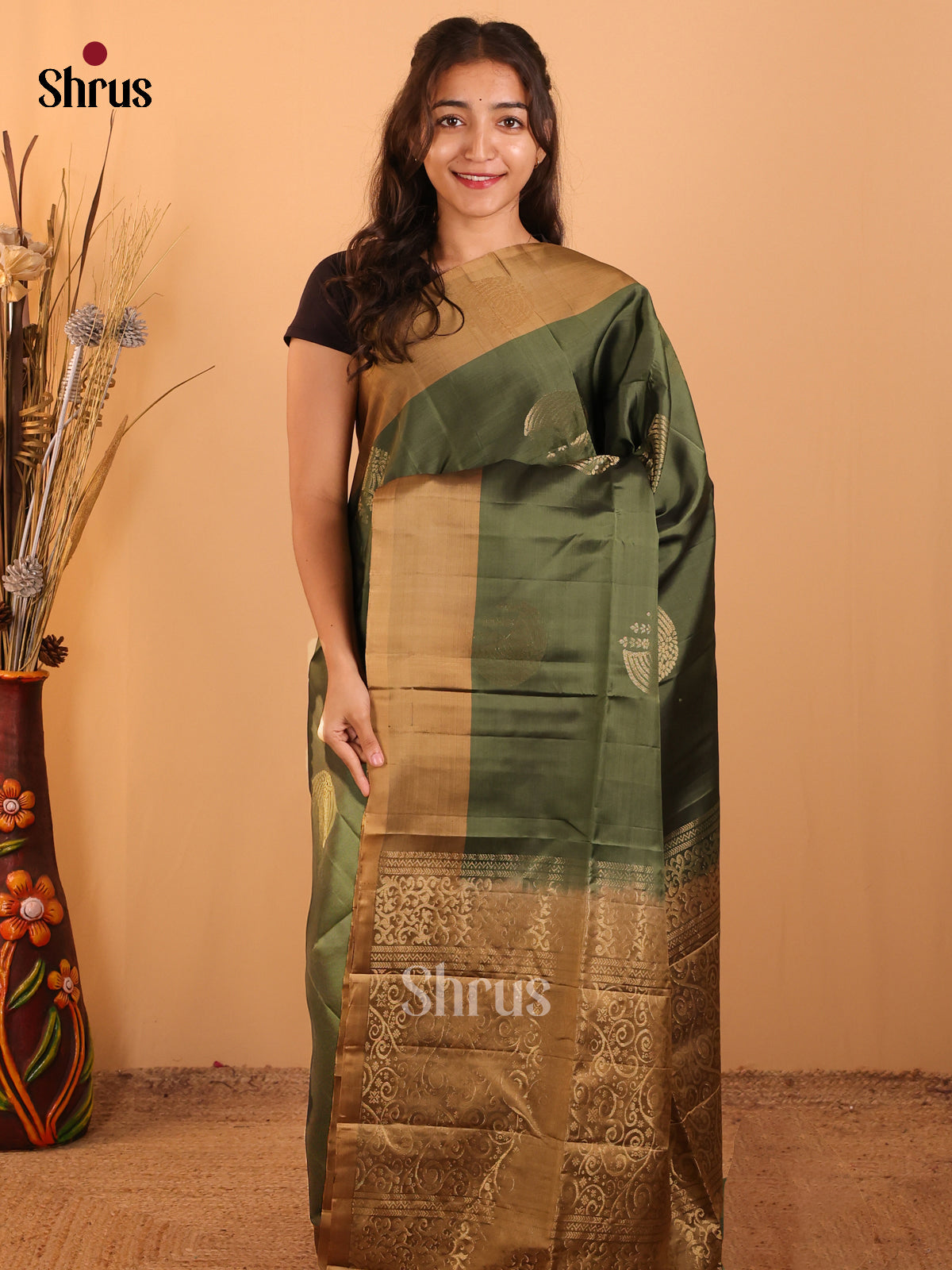 Green & Golden Brown- Softsilk-halfpure Saree - Shop on Shrus.com