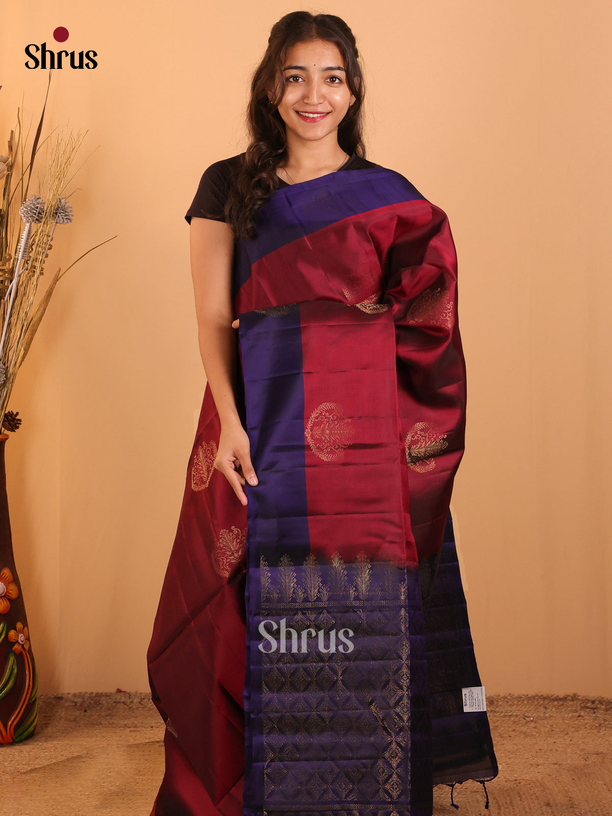 Maroon & Blue - Softsilk-halfpure Saree - Shop on Shrus.com