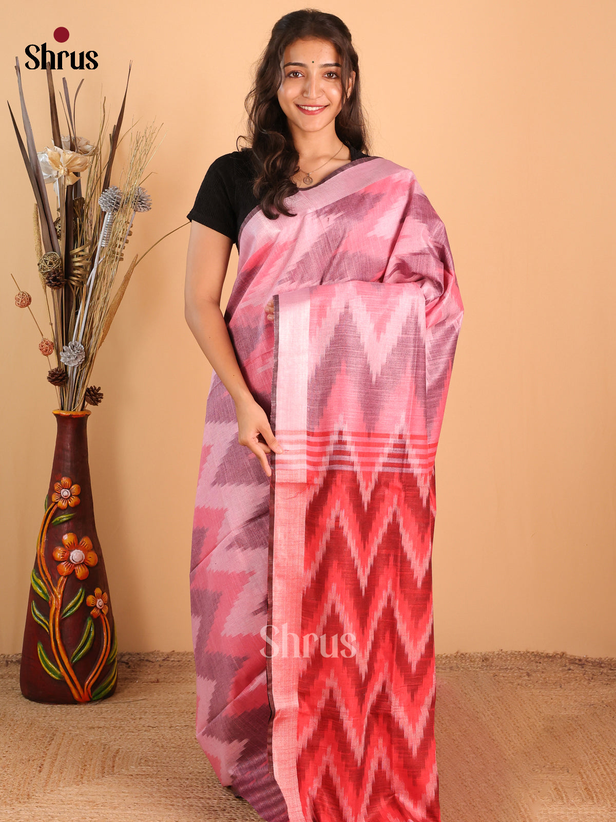 Pink & Red - Semi Ikkat Saree - Shop on Shrus.com