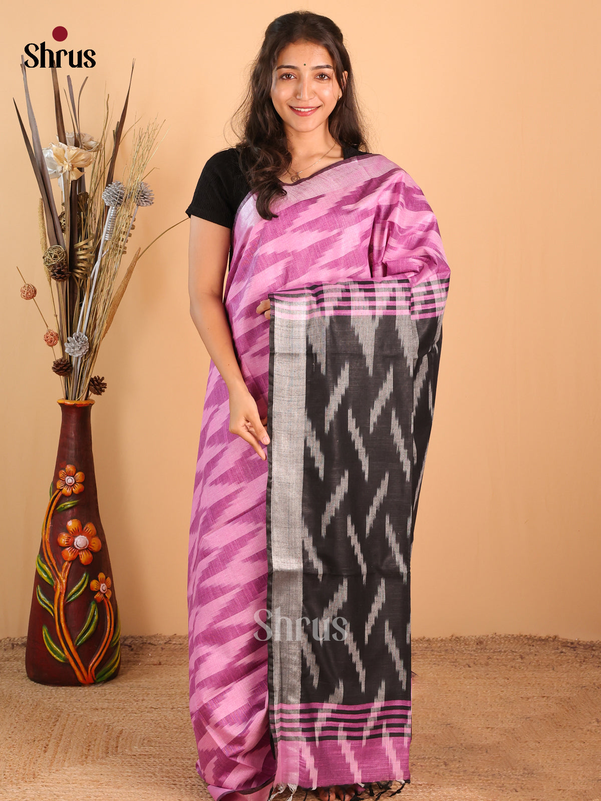 Pink & Black- Semi Ikkat Saree - Shop on Shrus.com