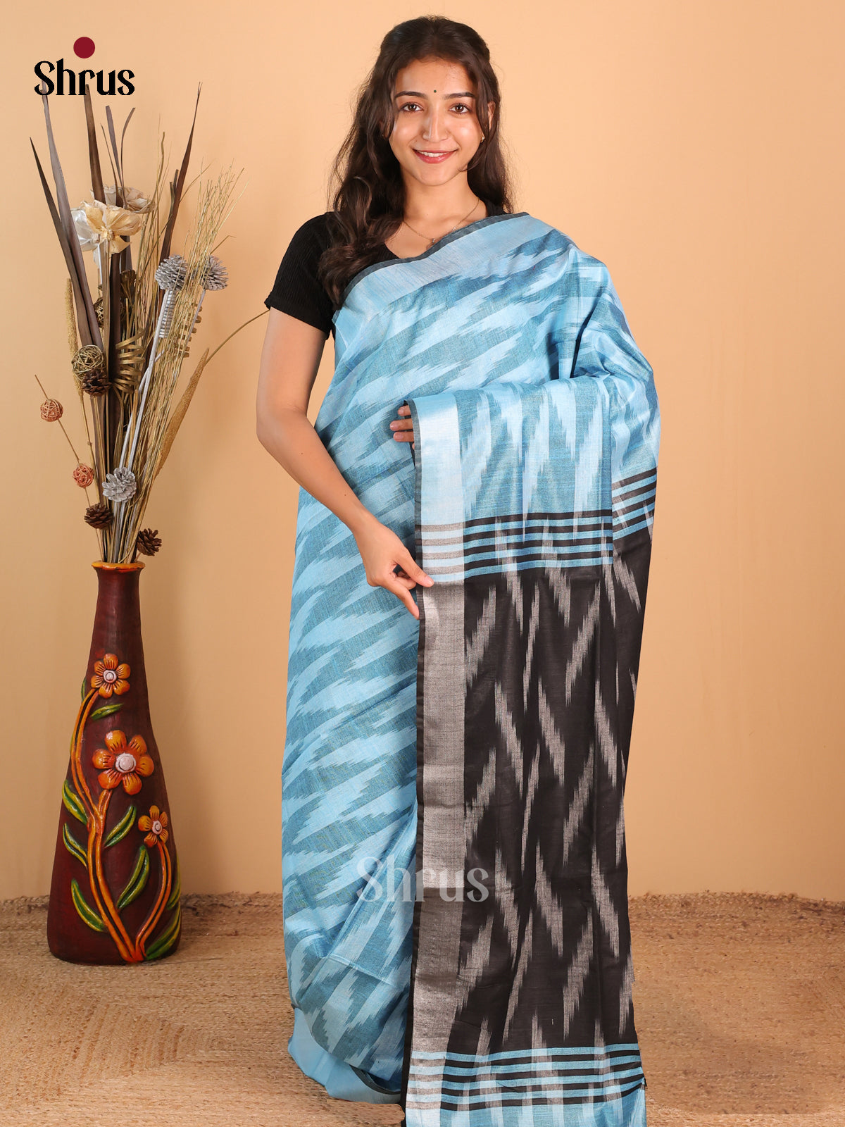 Blue & Black- Semi Ikkat Saree - Shop on Shrus.com
