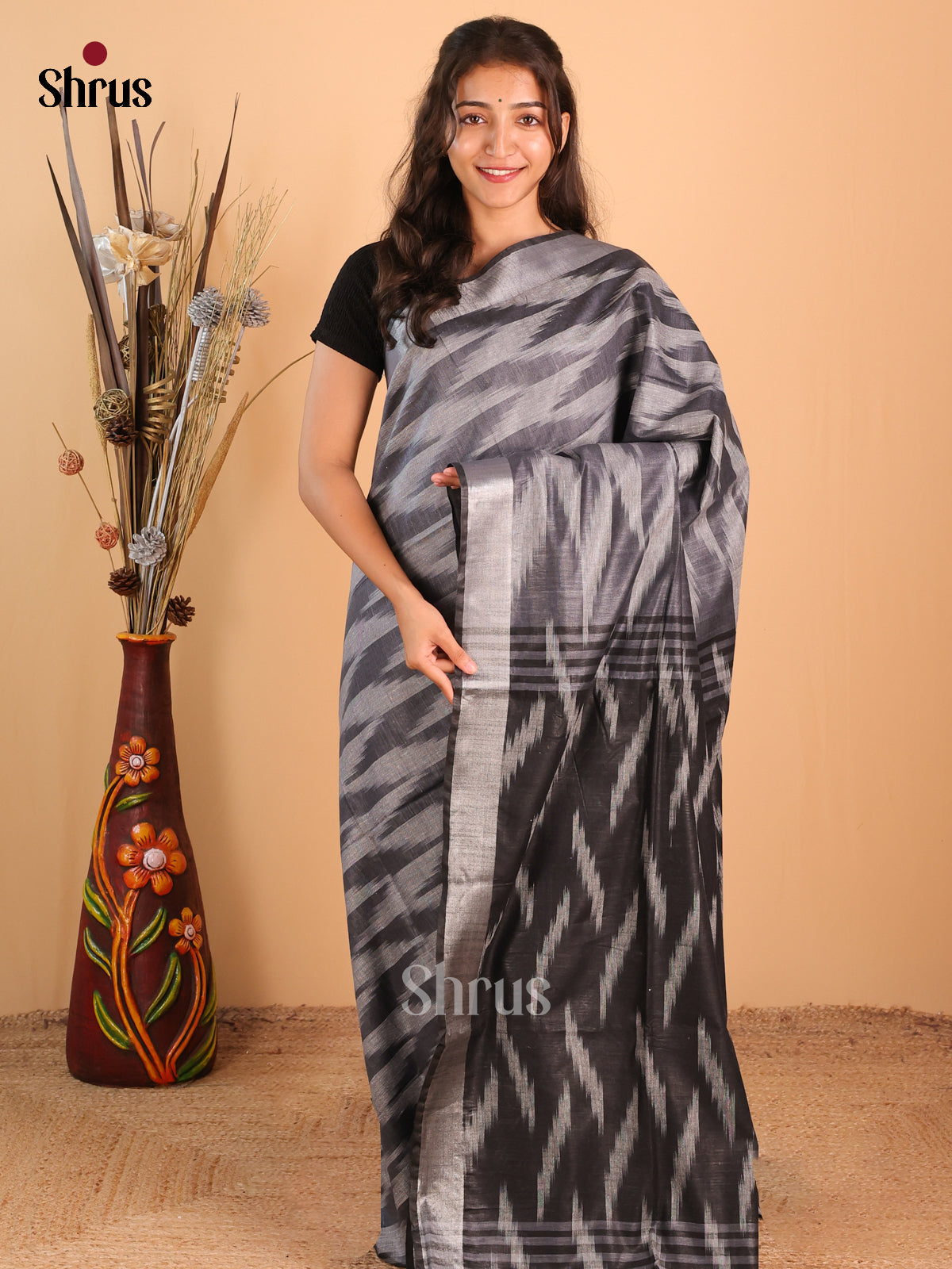 Grey & Black - Semi Ikkat Saree - Shop on Shrus.com