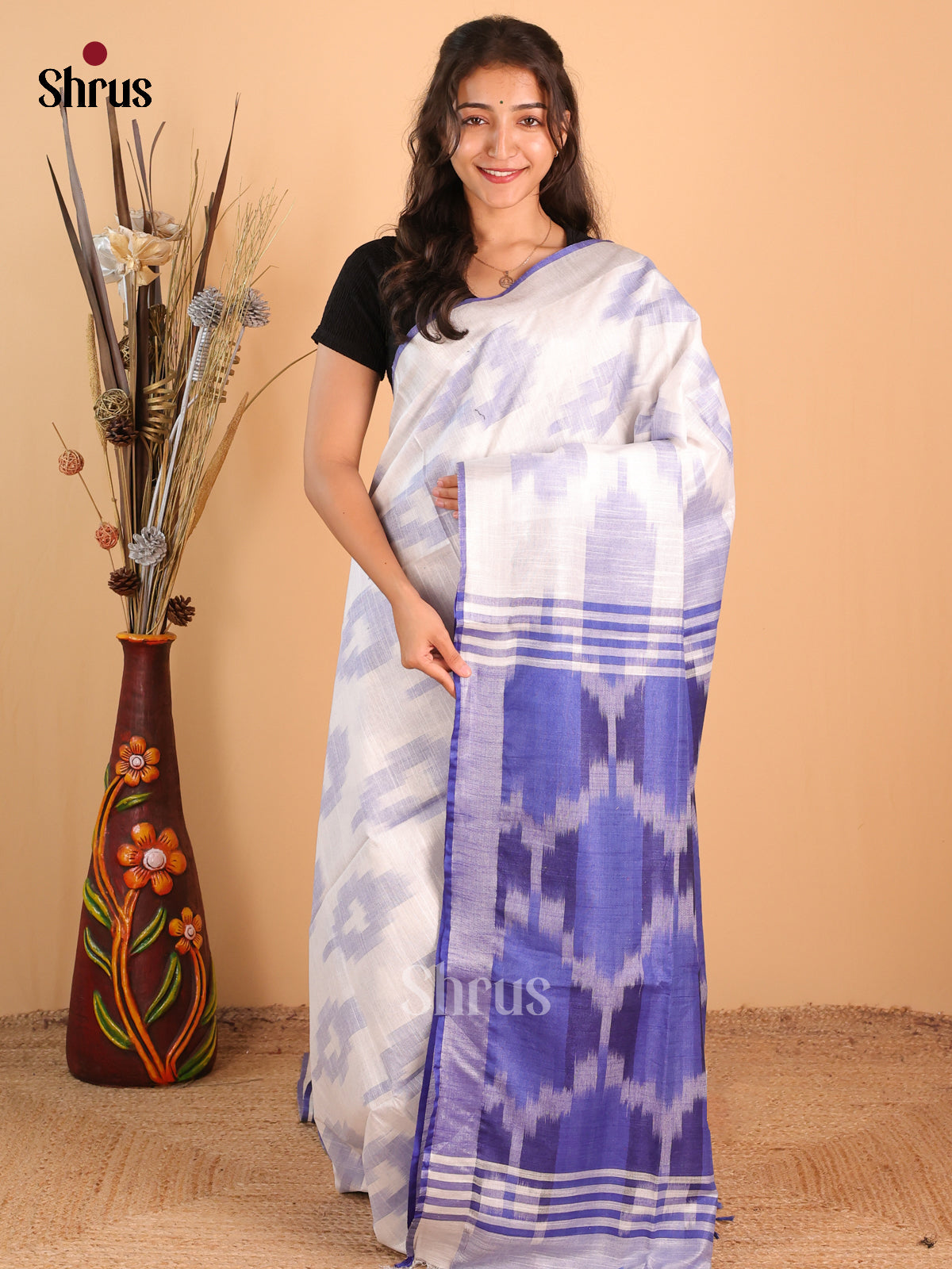 Cream & Blue - Semi Ikkat Saree - Shop on Shrus.com