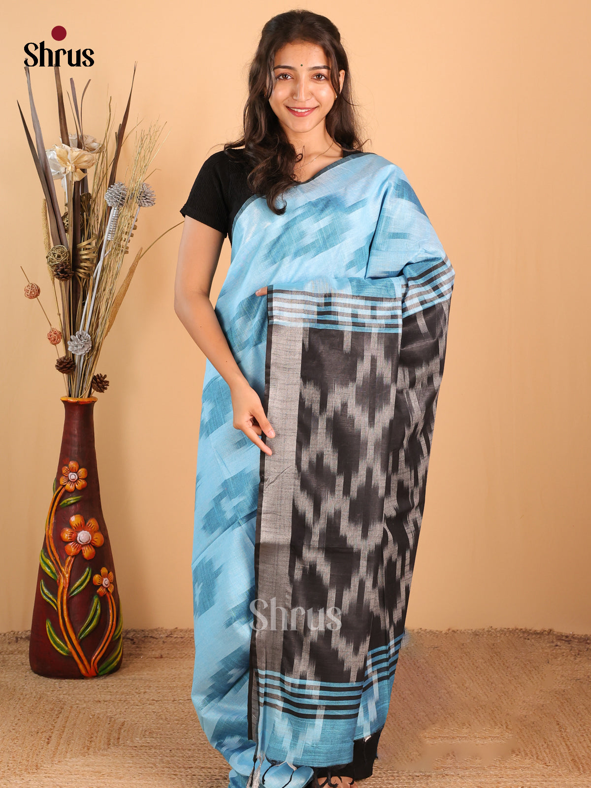 Blue & Black - Semi Ikkat Saree - Shop on Shrus.com