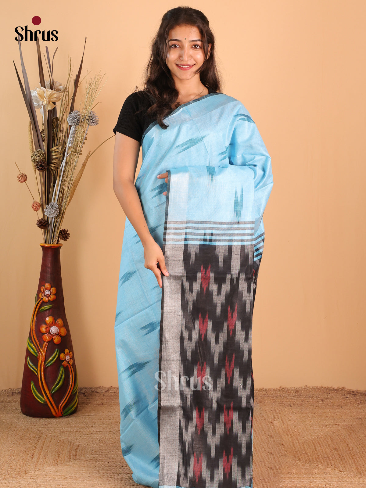 Blue & Grey - Semi Ikkat Saree - Shop on Shrus.com