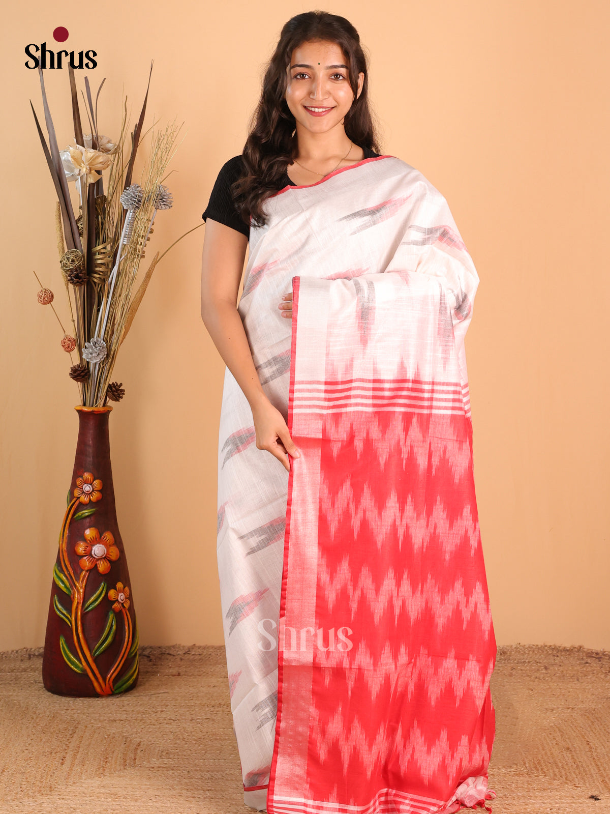 Cream & Red - Semi Ikkat Saree - Shop on Shrus.com