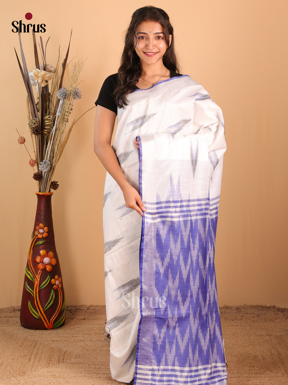 Cream & Purple - Semi Ikkat Saree - Shop on Shrus.com