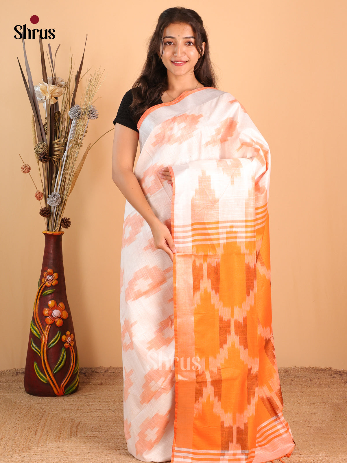 Cream & Orange- Semi Ikkat Saree - Shop on Shrus.com