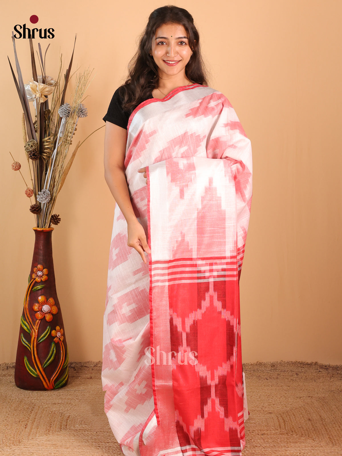 Cream & Red - Semi Ikkat Saree - Shop on Shrus.com