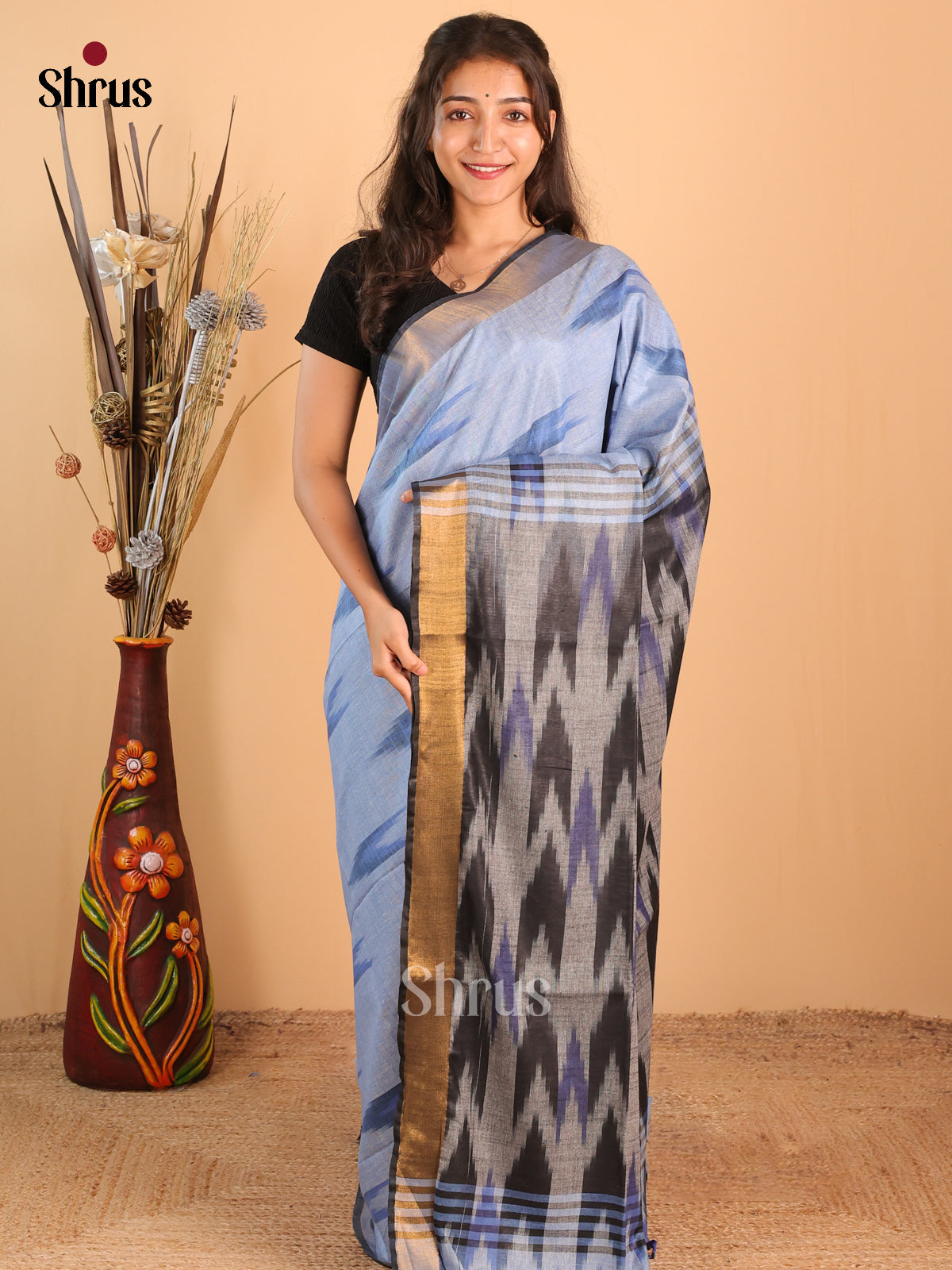 Blue & Grey - Semi Ikkat Saree - Shop on Shrus.com