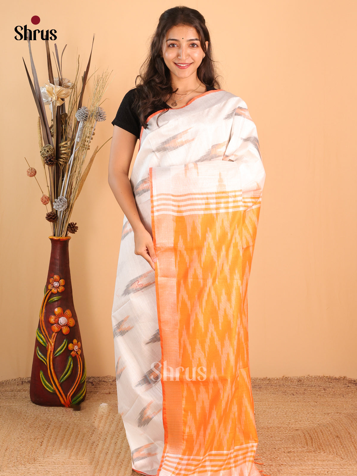 Cream & Orange - Semi Ikkat Saree - Shop on Shrus.com