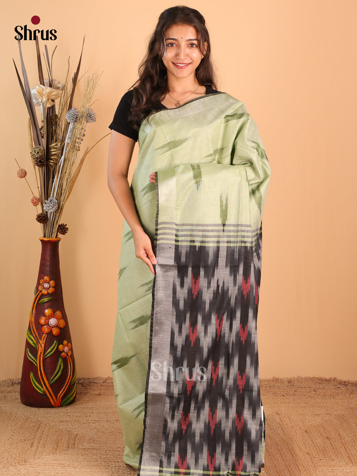 Lite Green & Grey - Semi Ikkat Saree - Shop on Shrus.com