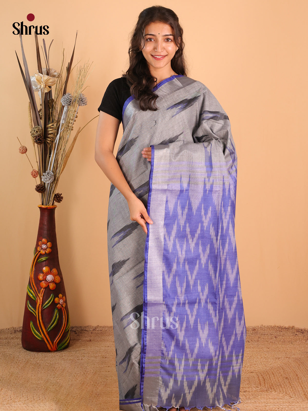 Grey & Purple- Semi Ikkat Saree - Shop on Shrus.com