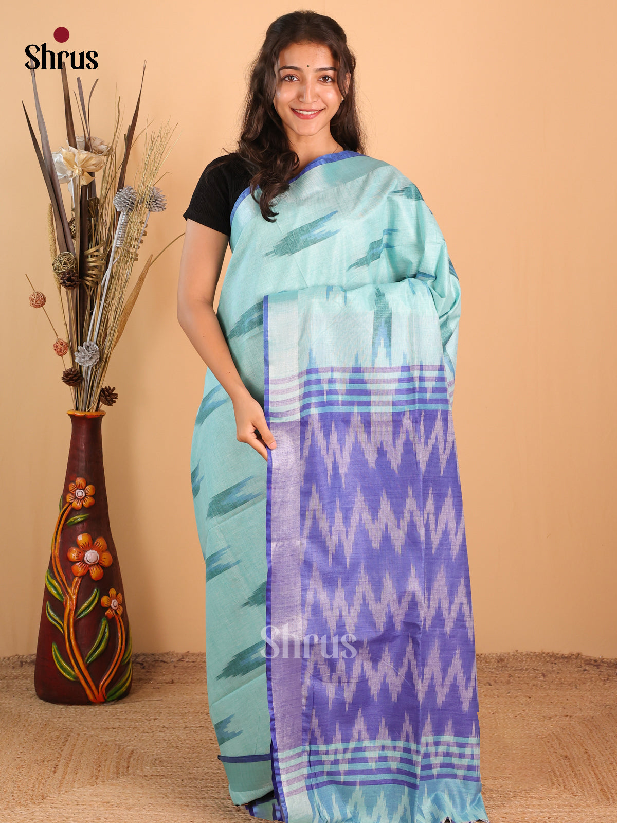 Teal Green & Purple- Semi Ikkat Saree - Shop on Shrus.com