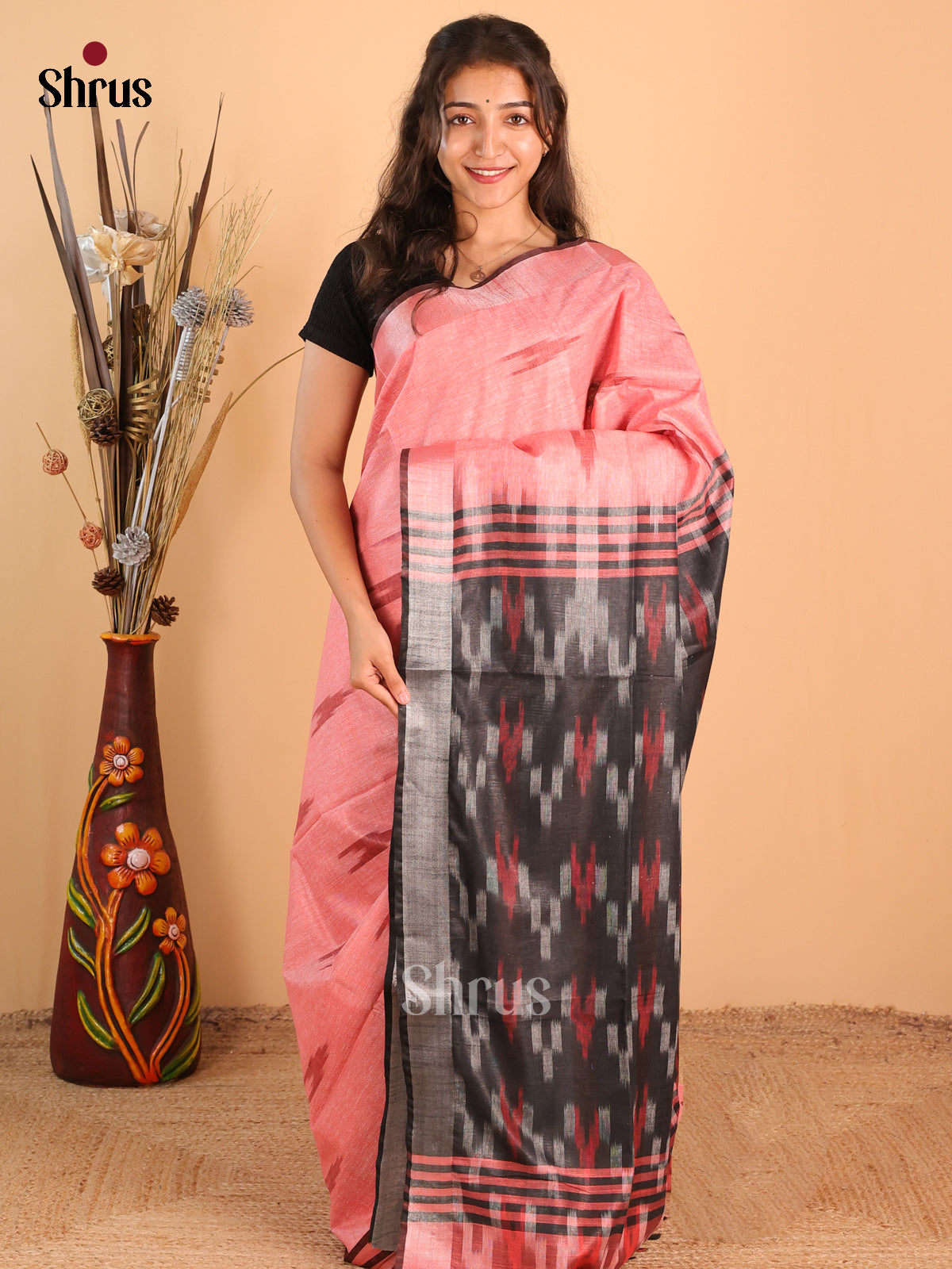 Pink & Grey - Semi Ikkat Saree - Shop on Shrus.com