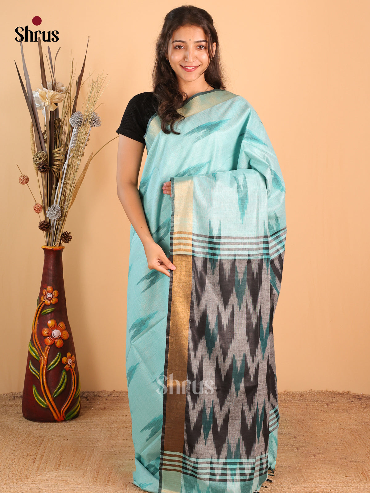 Pastel Blue & Grey- Semi Ikkat Saree - Shop on Shrus.com