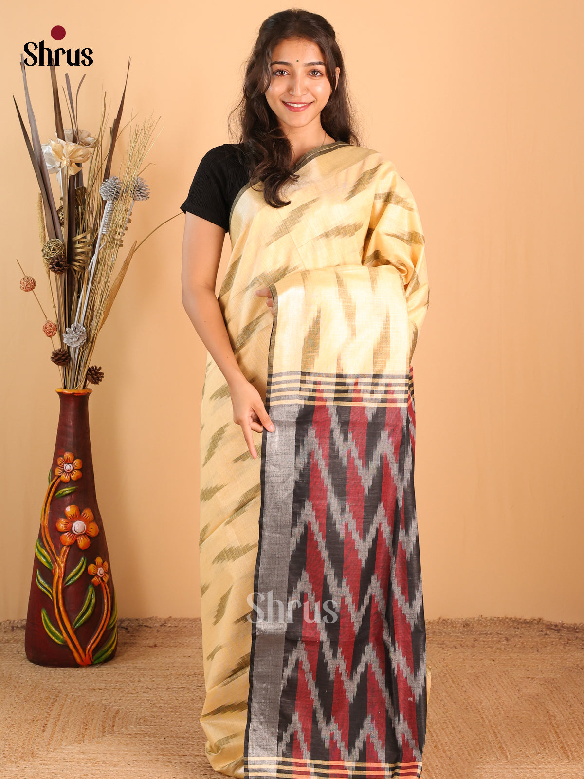 Pale Yellow & Grey - Semi Ikkat Saree - Shop on Shrus.com