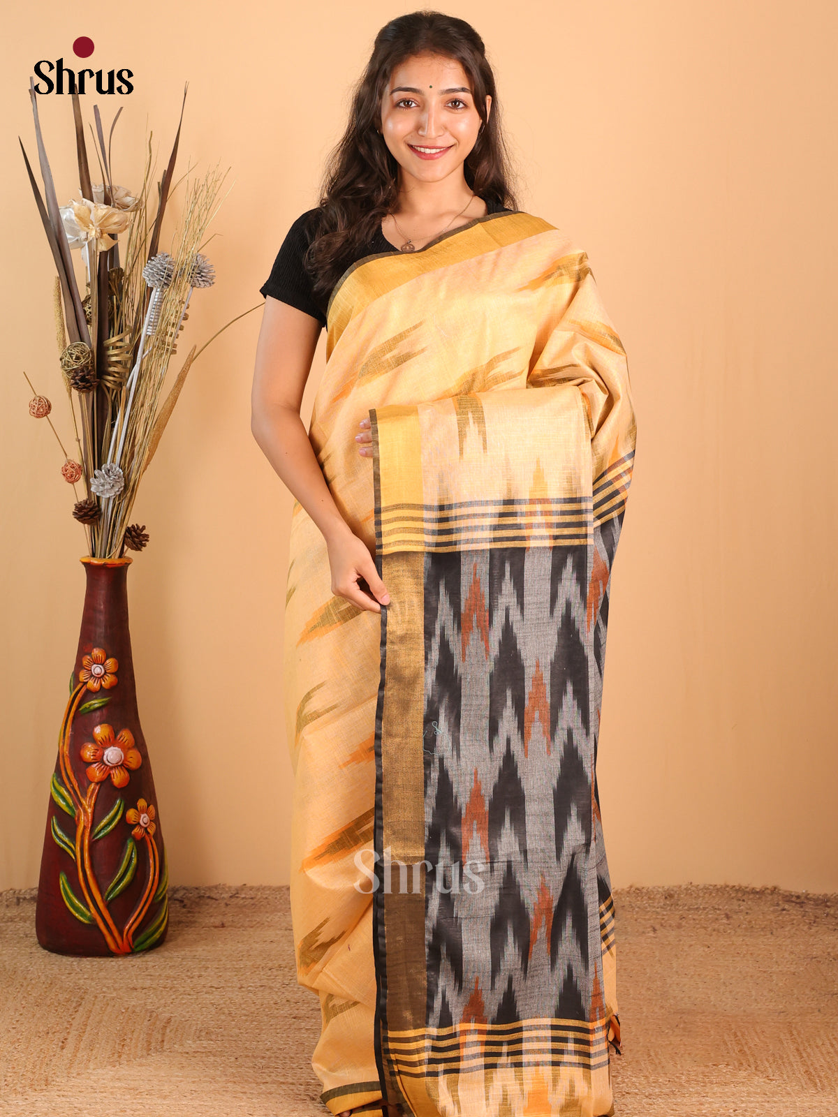 Sandal & Grey- Semi Ikkat Saree - Shop on Shrus.com