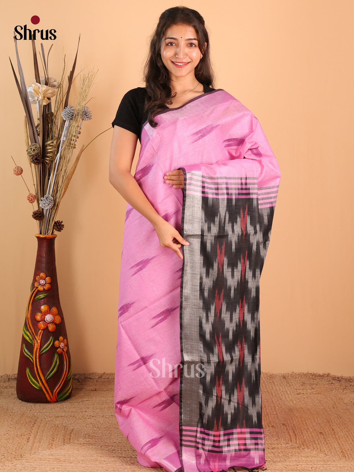 Pink & Grey - Semi Ikkat Saree - Shop on Shrus.com
