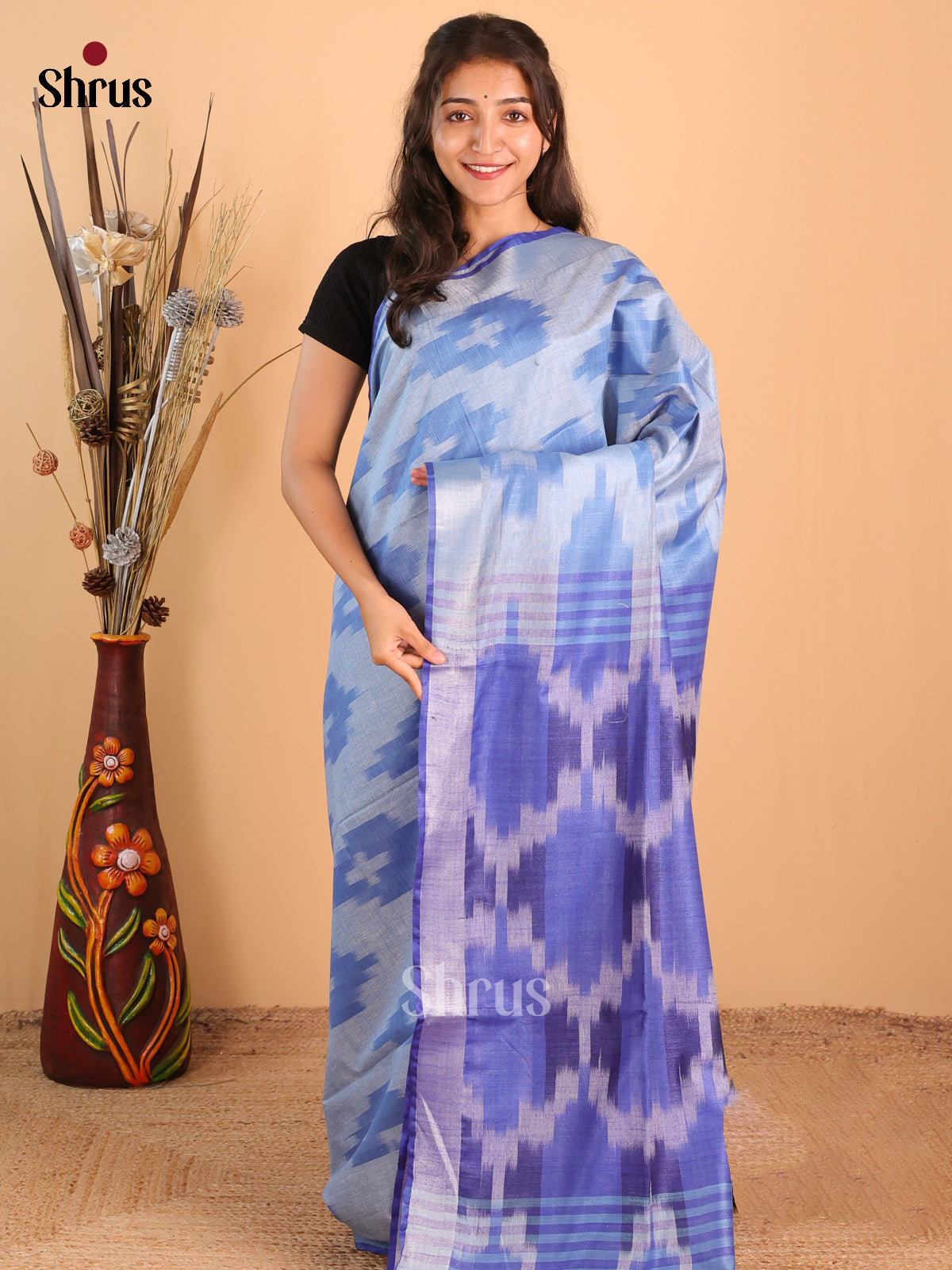 Blue & Purple - Semi Ikkat Saree - Shop on Shrus.com