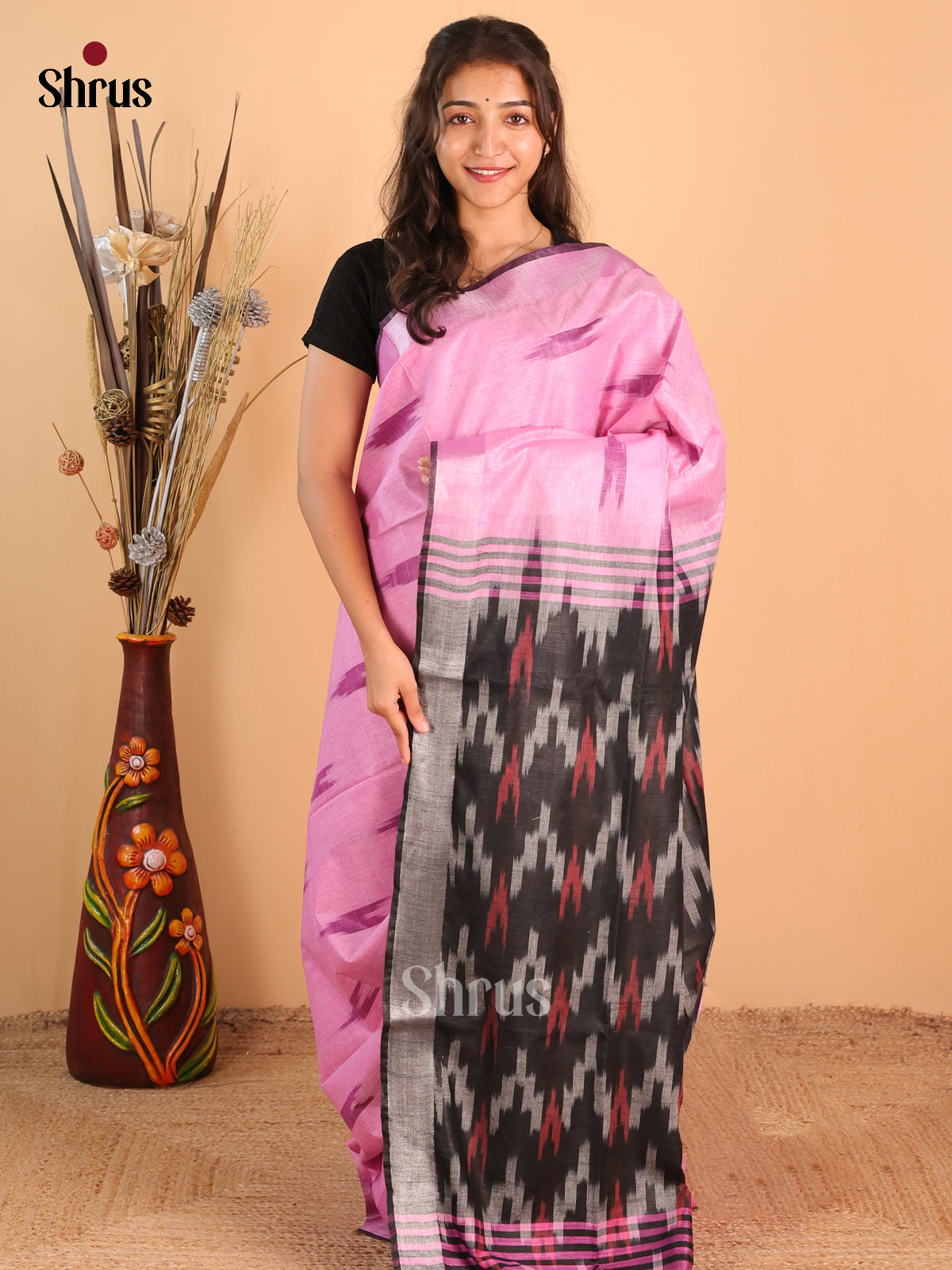 Pink & Grey - Semi Ikkat Saree - Shop on Shrus.com