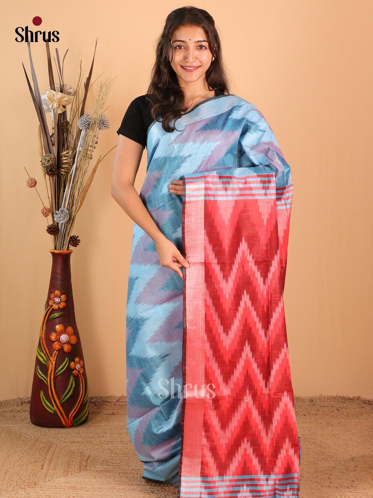 Blue & Red- Semi Ikkat Saree - Shop on Shrus.com