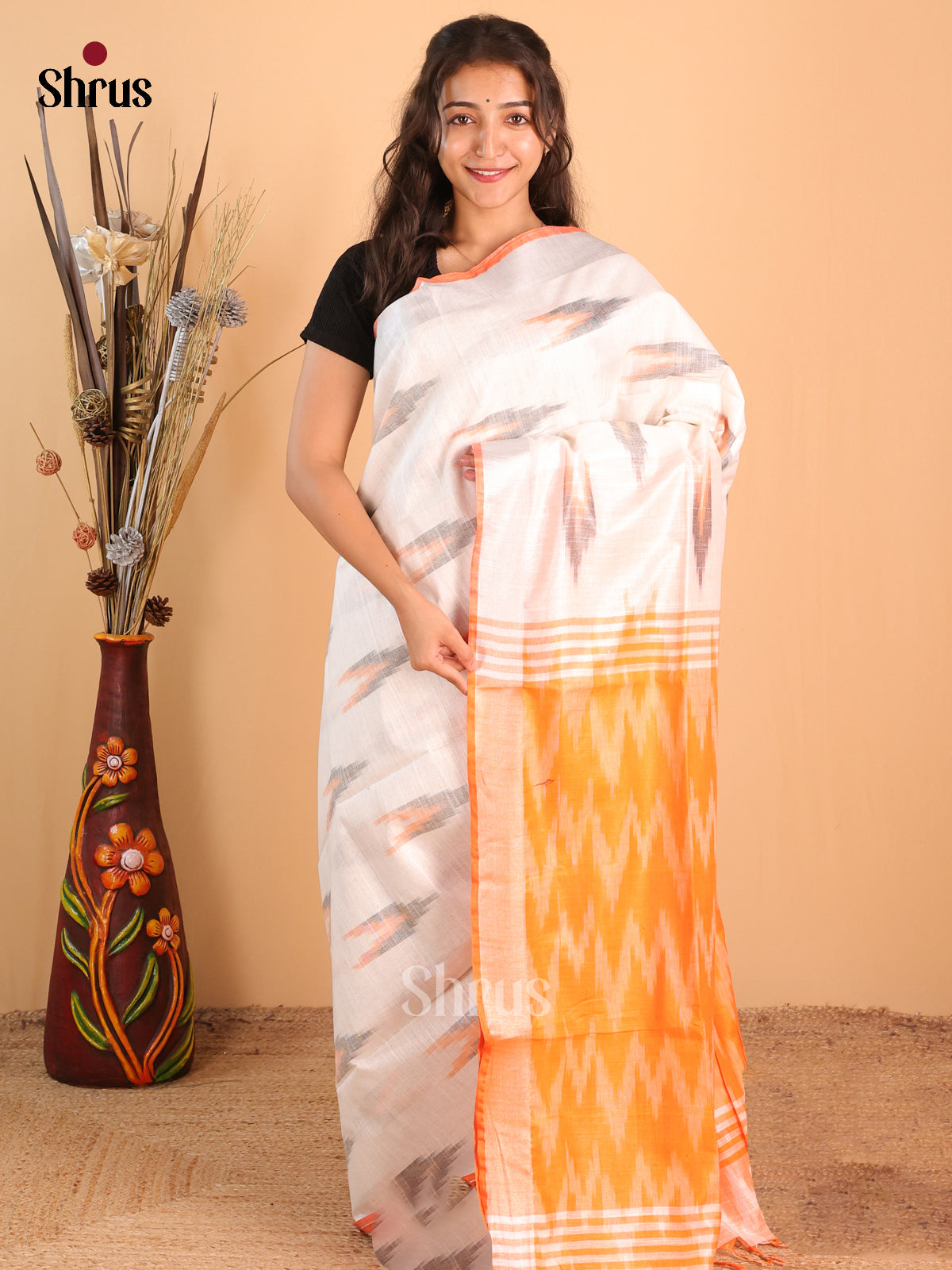 Cream & Orange - Semi Ikkat Saree - Shop on Shrus.com