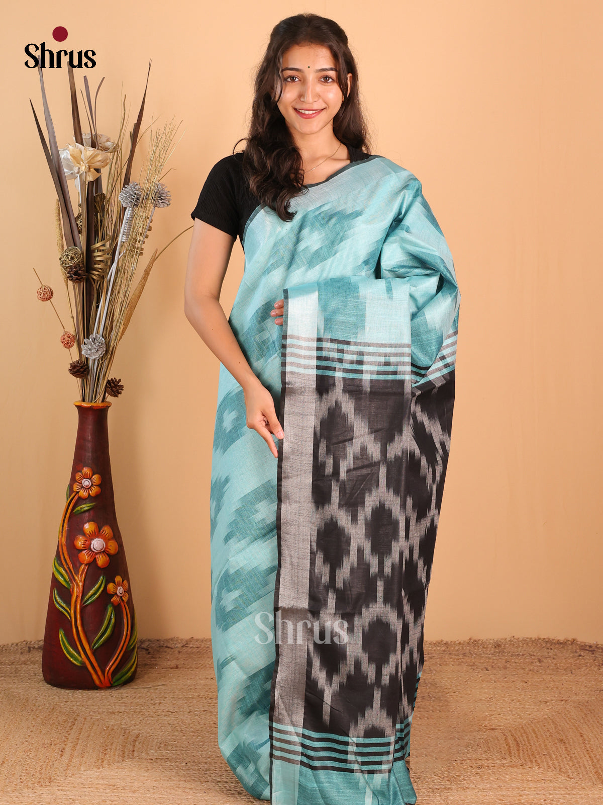 Blue & Black - Semi Ikkat Saree - Shop on Shrus.com