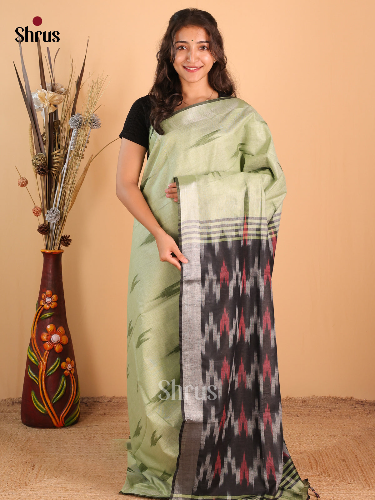 Lite Green & Grey - Semi Ikkat Saree - Shop on Shrus.com