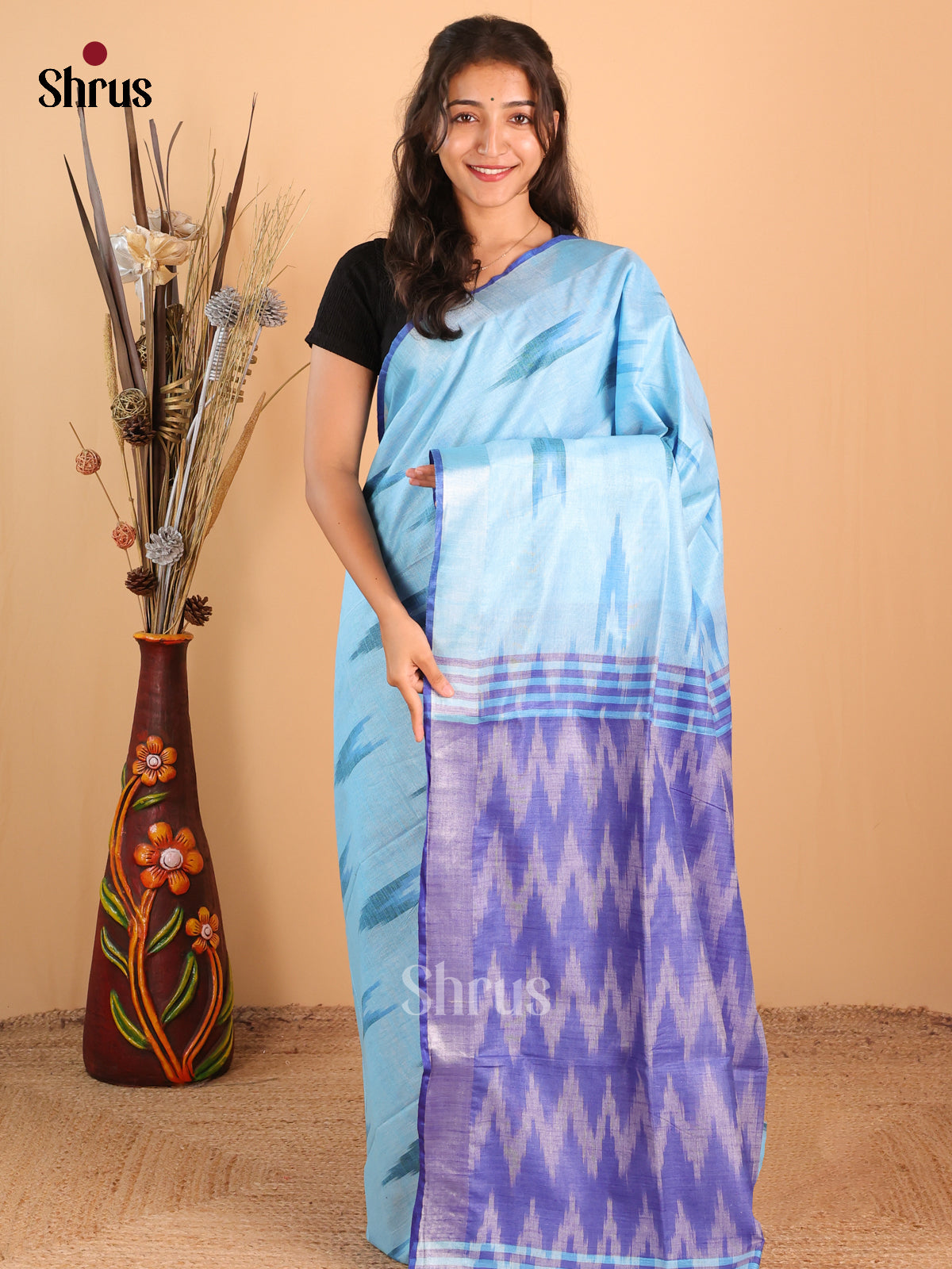 Blue & Purple- Semi Ikkat Saree - Shop on Shrus.com