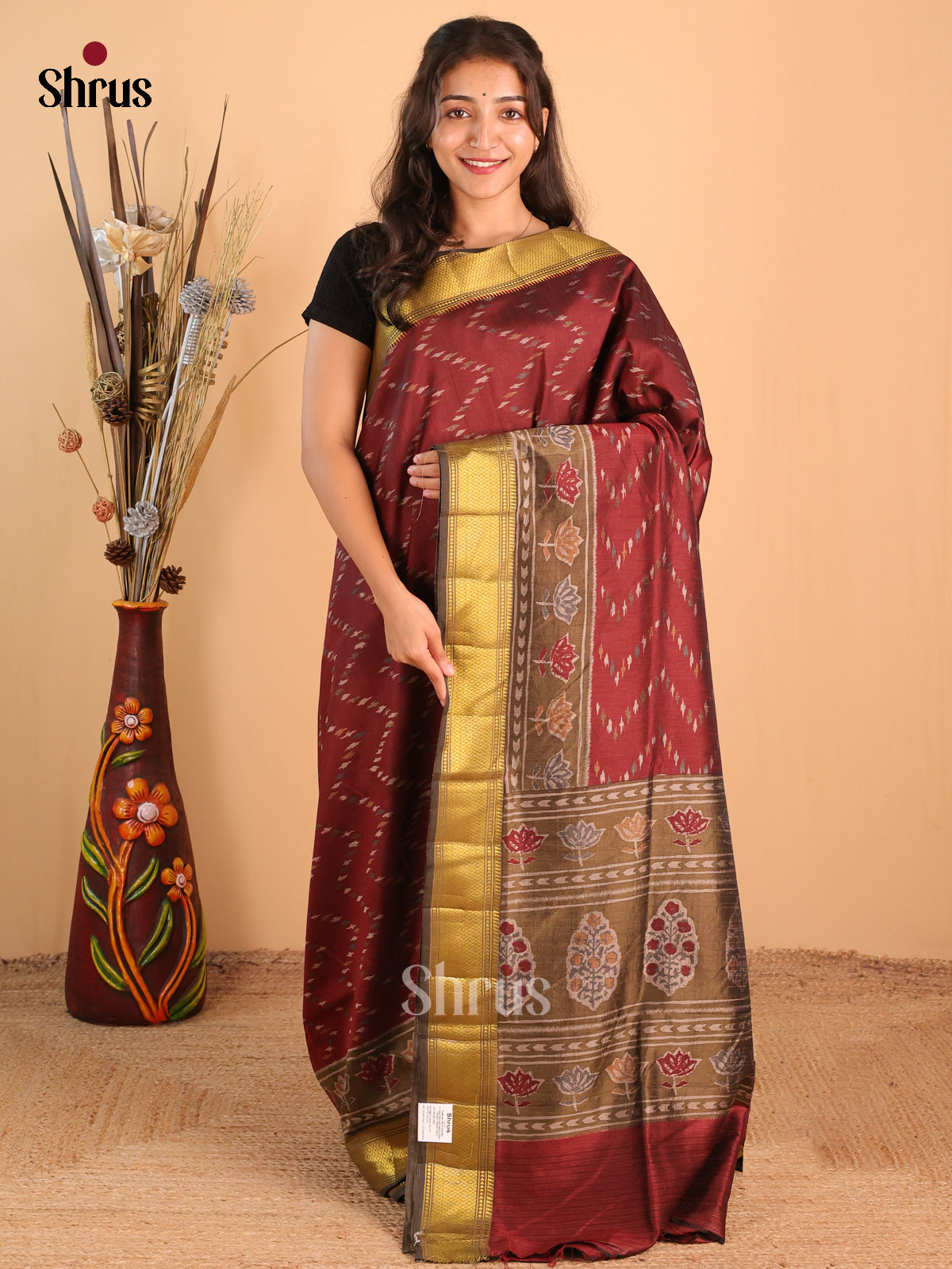 Maroon - Semi Patola Saree - Shop on Shrus.com
