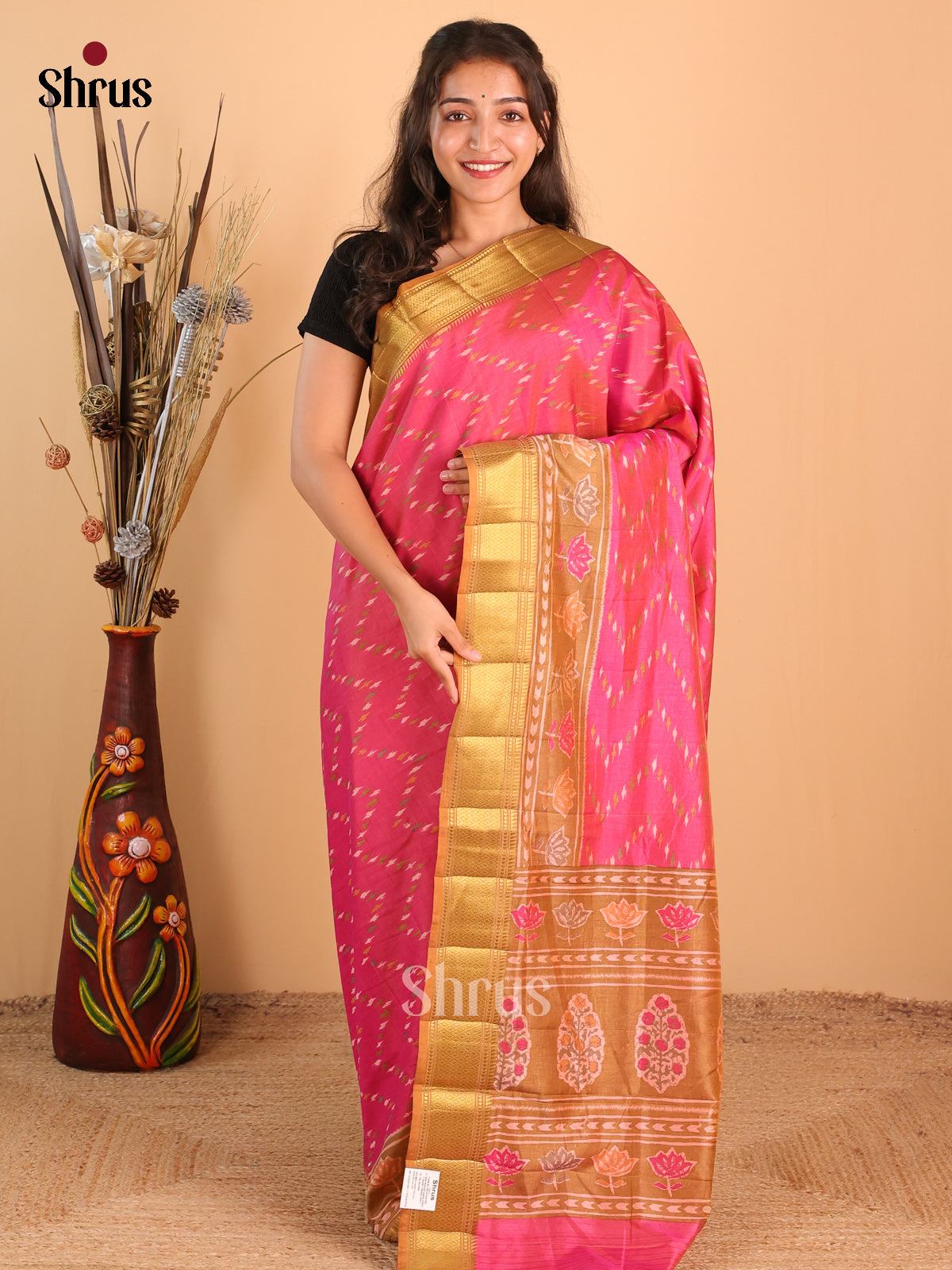 Pink & Green - Semi Patola Saree - Shop on Shrus.com