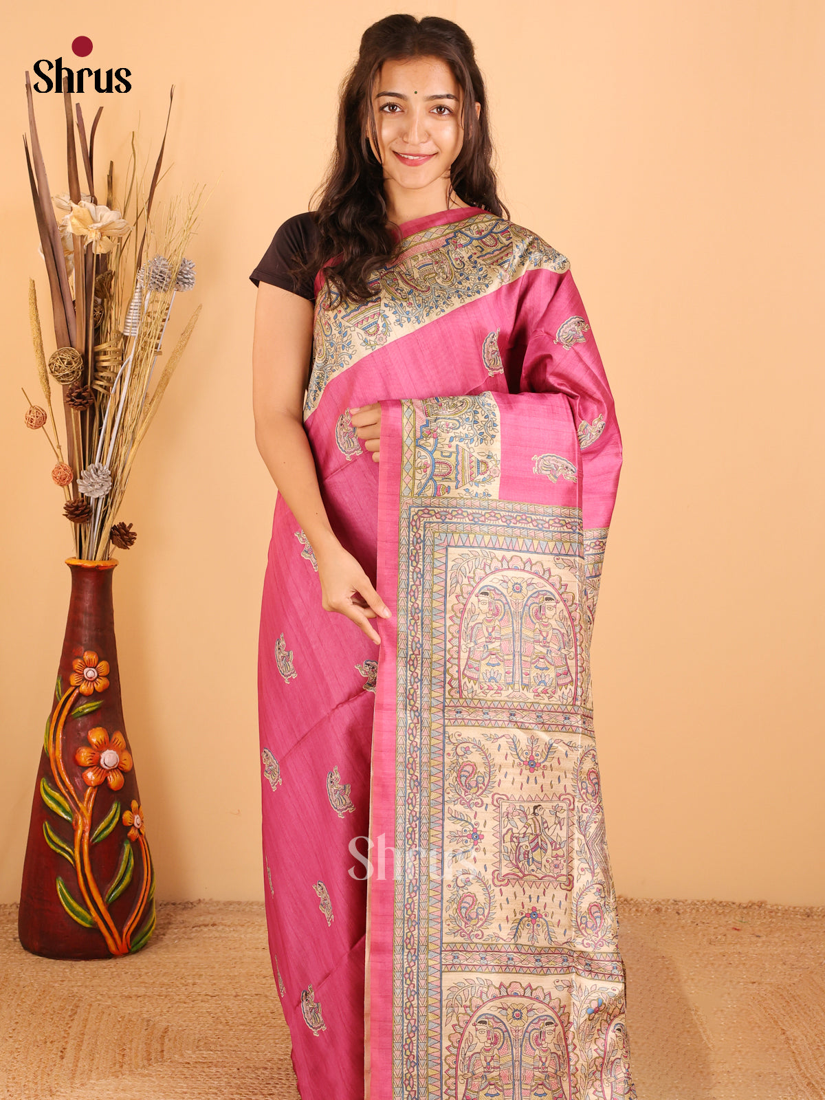 Magenta & Cream - Printed Madhubani saree - DCS21013 - Shop on Shrus.com