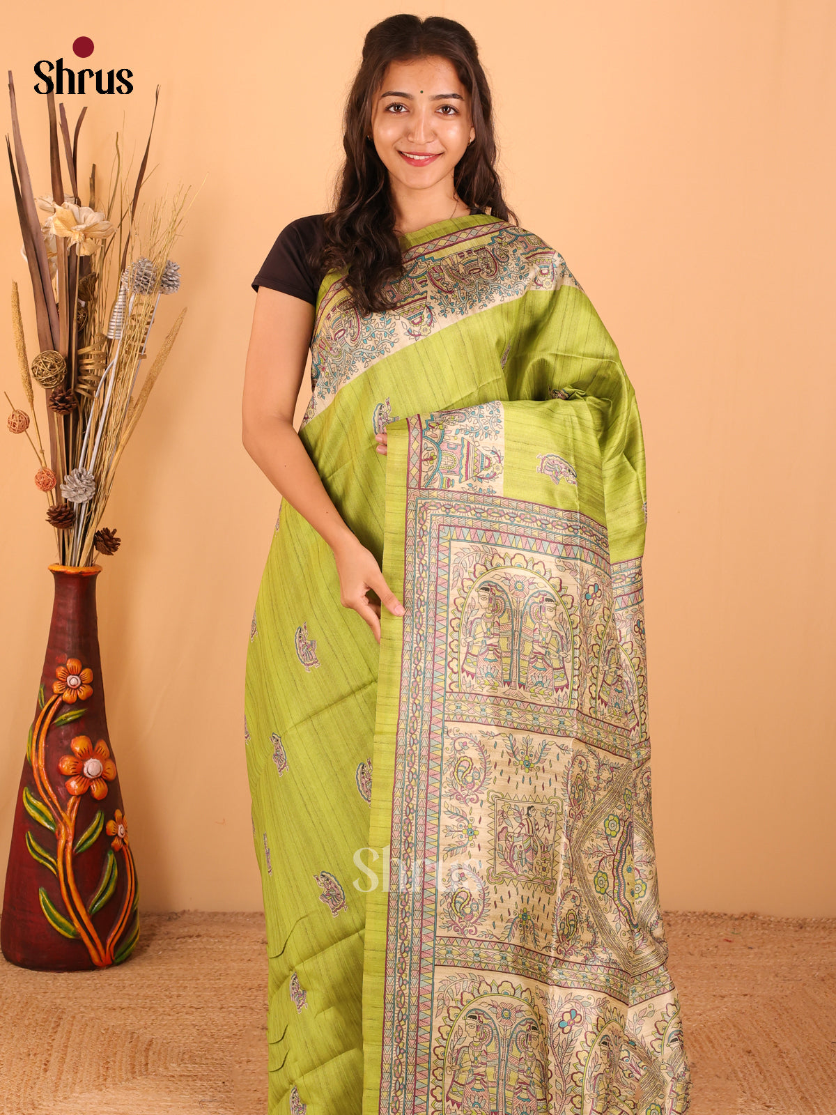 Parrot Green & Cream - Printed Madhubani Saree - DCS21017 - Shop on Shrus.com