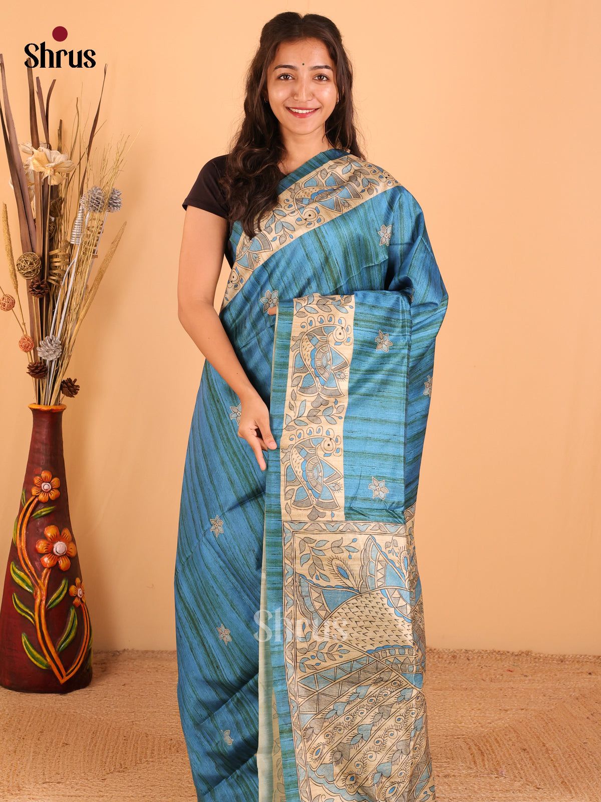Peacock blue & Cream - Printed Madhubani Saree - DCS21021 - Shop on Shrus.com