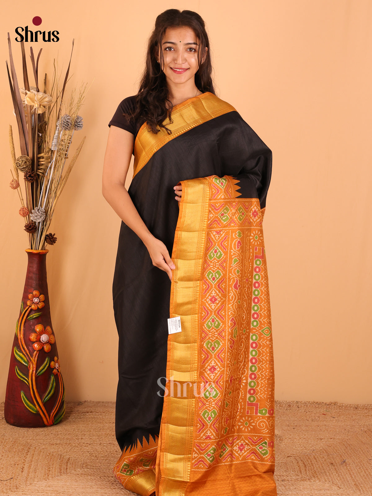 Black & Mustrad - Semi Patola Saree - DCS22001 - Shop on Shrus.com
