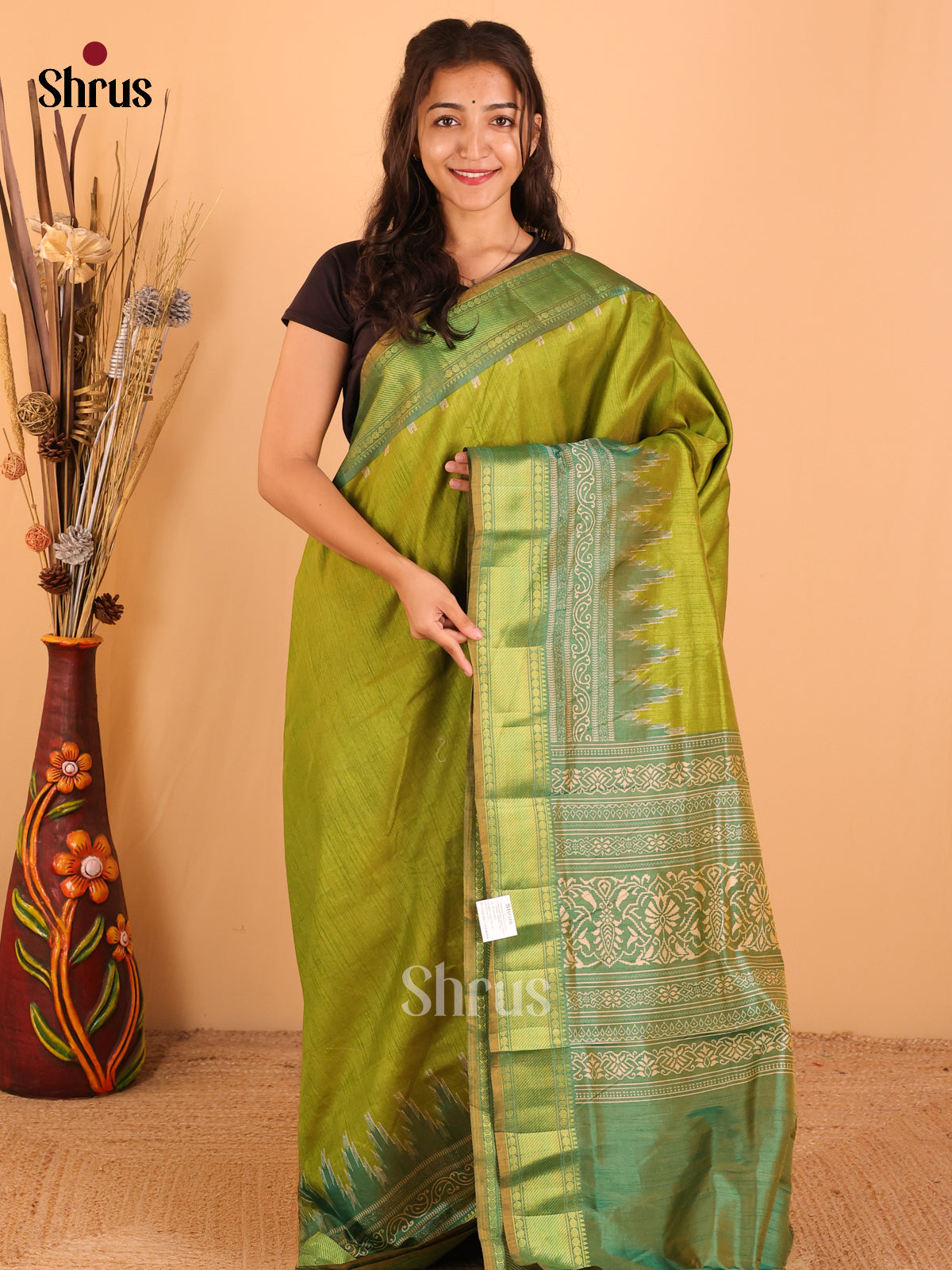 Parrot Green & Sandal - Semi Patola Saree - DCS22002 - Shop on Shrus.com