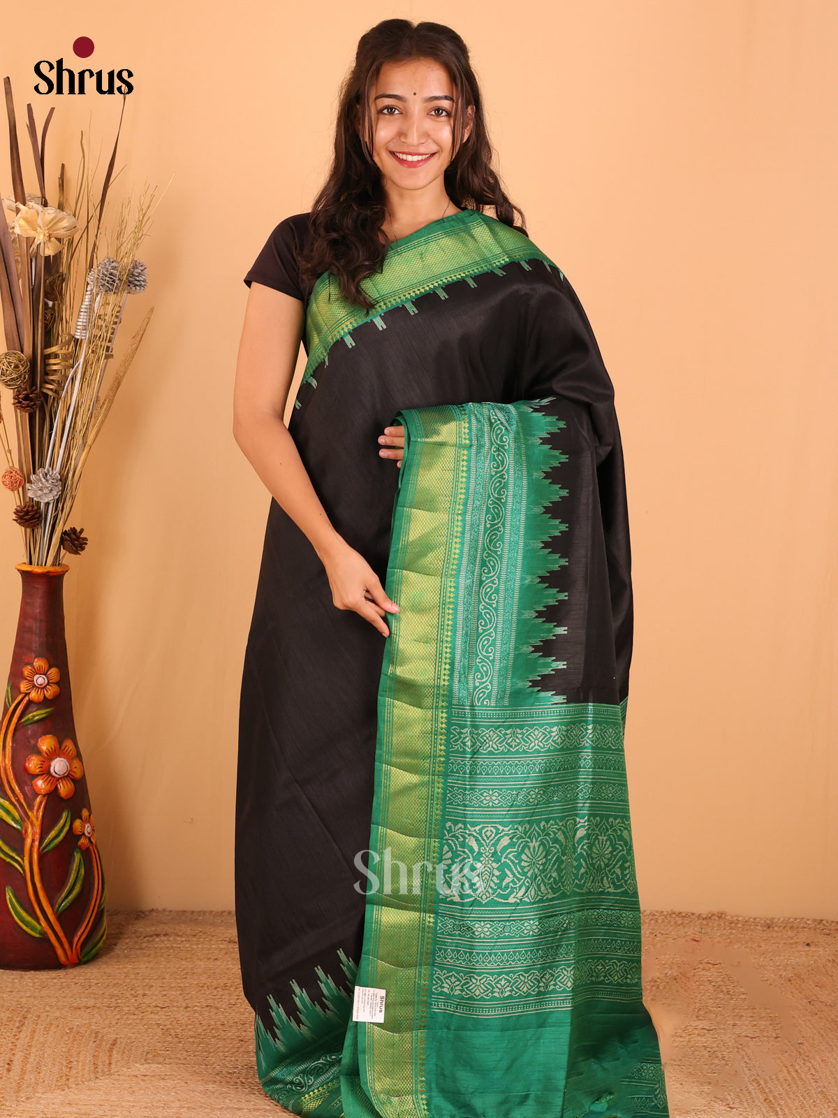 Black & Green - Semi Patola Saree - DCS22005 - Shop on Shrus.com