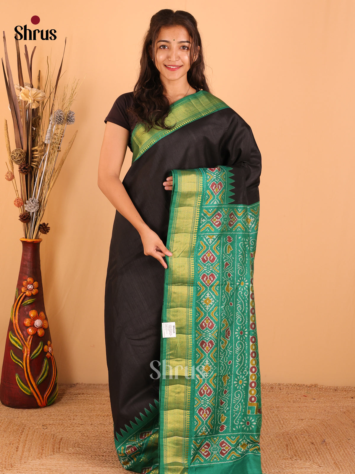 Black & Green - Semi Patola Saree - DCS22014 - Shop on Shrus.com