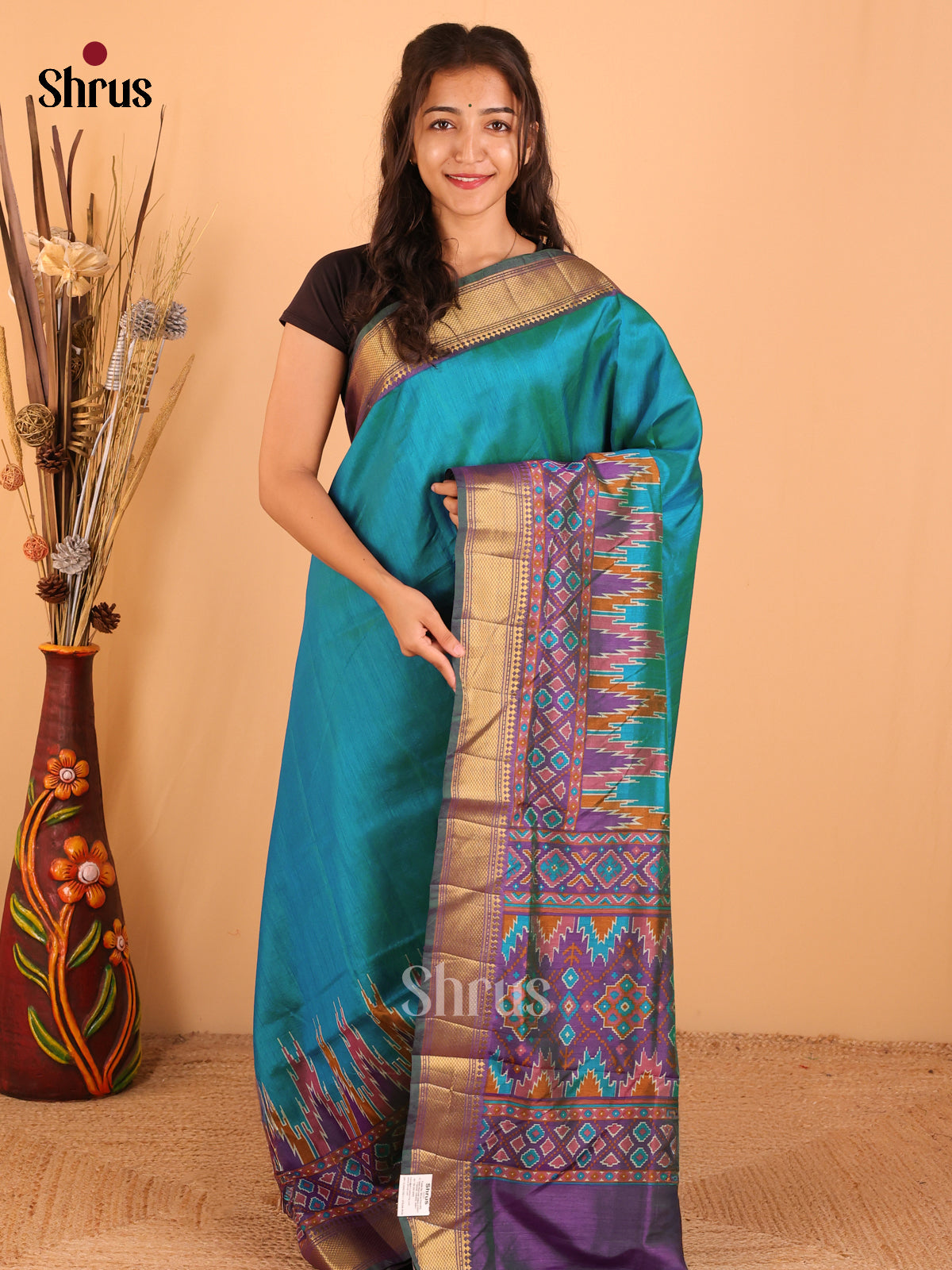 Teal blue & Purple - Semi Patola Saree - DCS22022 - Shop on Shrus.com