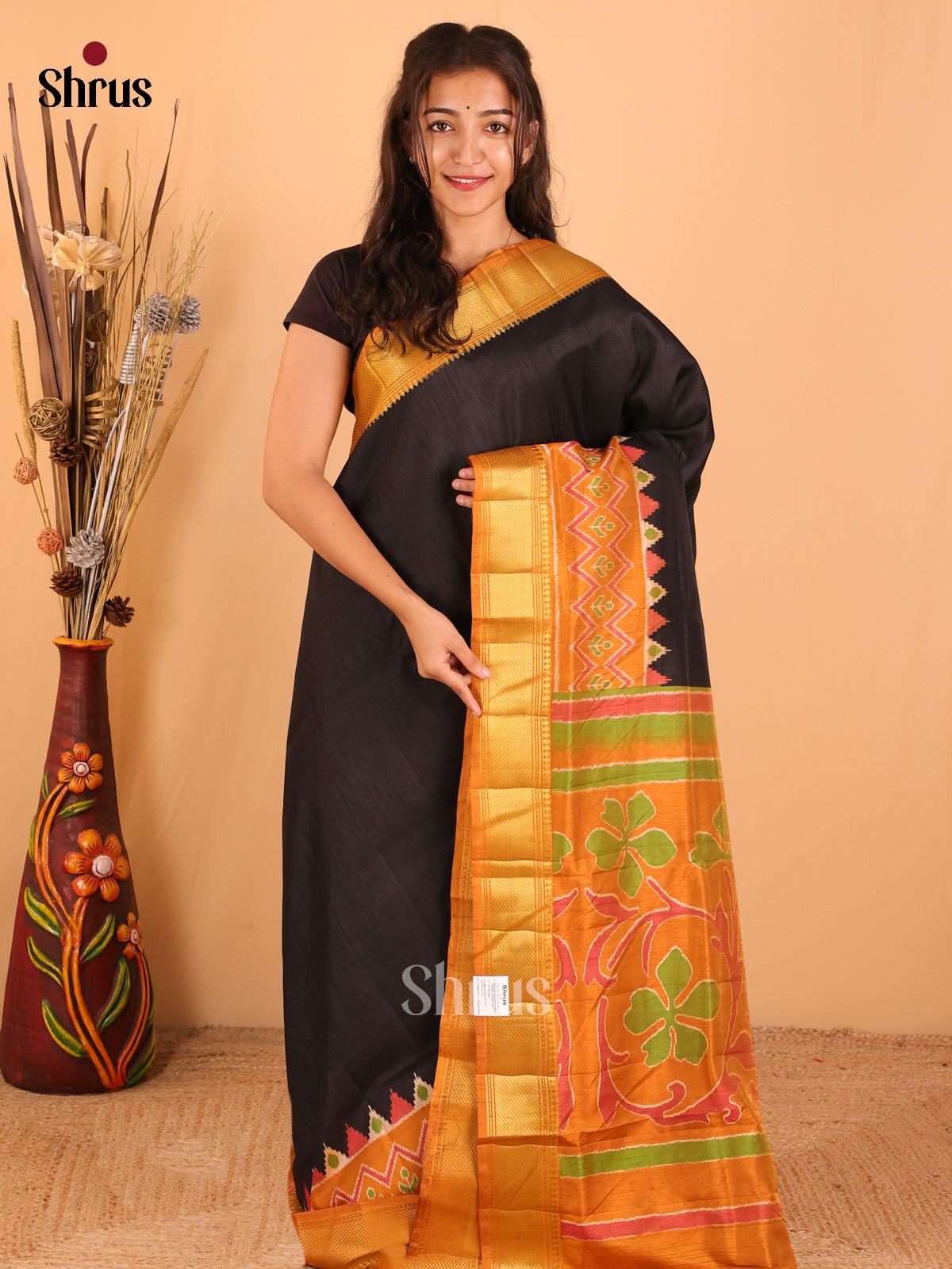 Black & Mustard - Semi Patola Saree - DCS22025 - Shop on Shrus.com