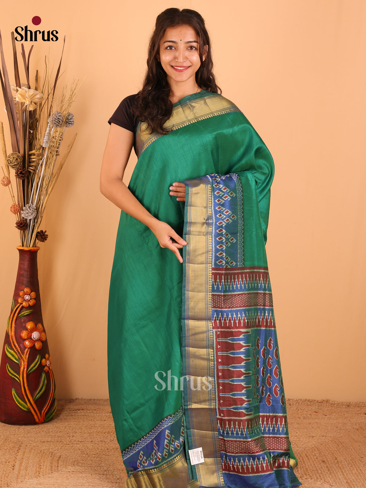 Teal Green & Dark blue - Semi Patola Saree - DCS22027 - Shop on Shrus.com