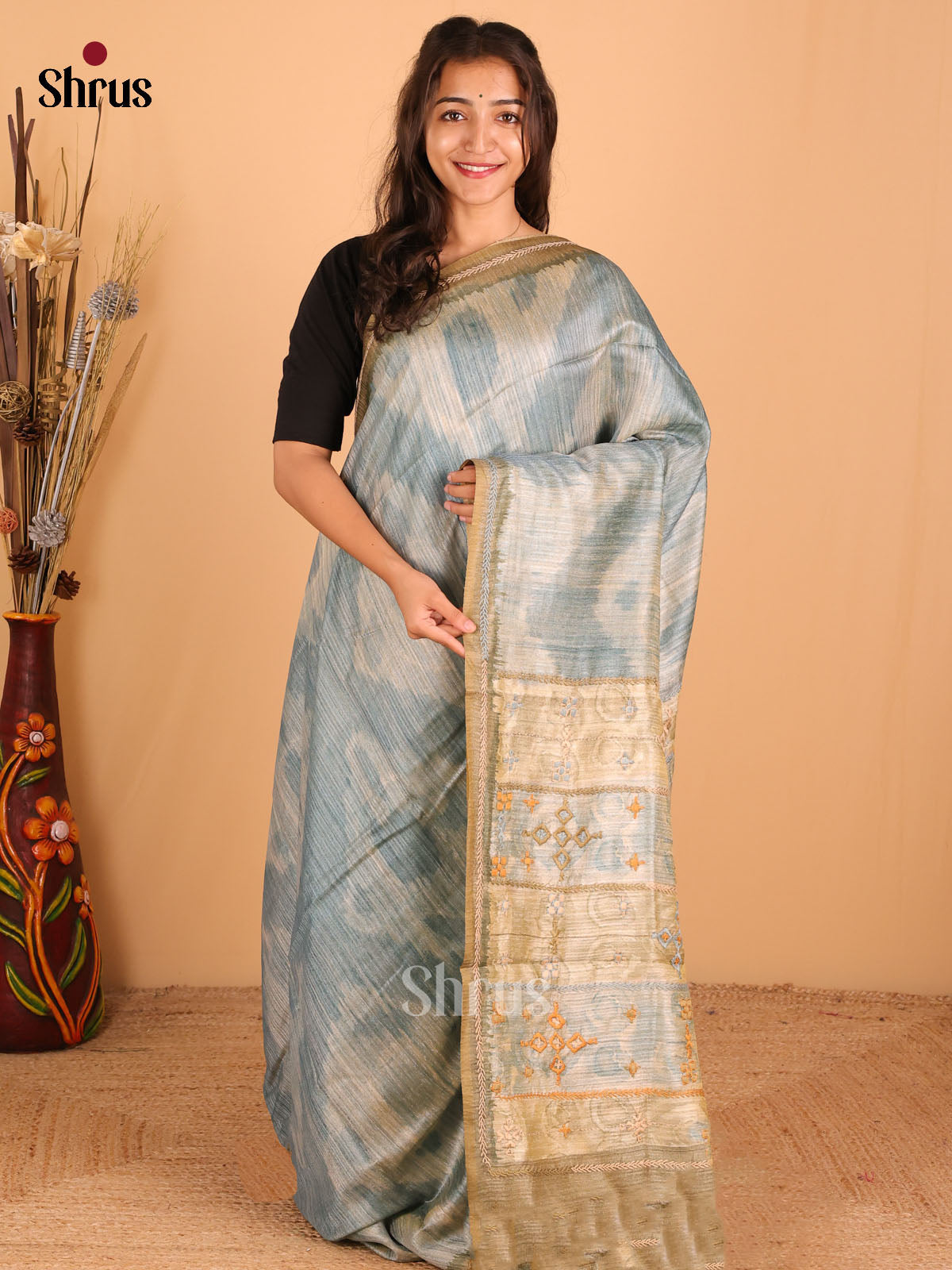 Peacock blue & olive green - Semi kantha Saree - DCS25001 - Shop on Shrus.com