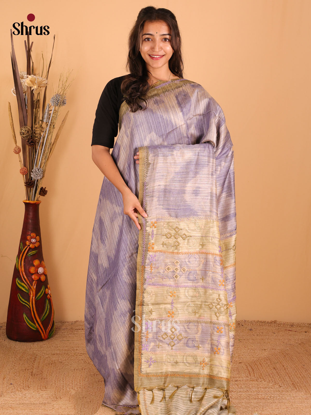 lavender & sandal colour - Semi kantha Saree - DCS25004 - Shop on Shrus.com